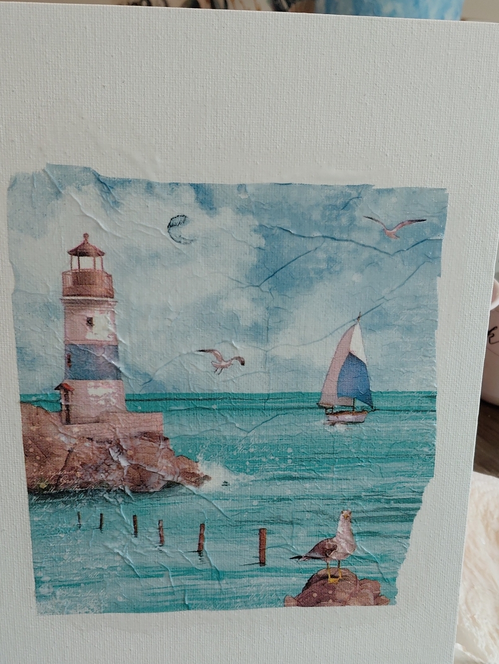 Coastal Lighthouse Seascape Canvas Art - Blue/Teal. Decoupaged